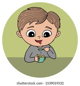 Blond boy eats delicious soup. Vector graphics. Round icon. Delicate colors. Isolated on white background. Hand drawn.