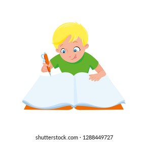 Blond boy enthusiastically  writes with a pen in a notebook or draws in an album with blank sheets for inscriptions. Back to school. Clever student, schoolboy sitting at a desk or table does homework
