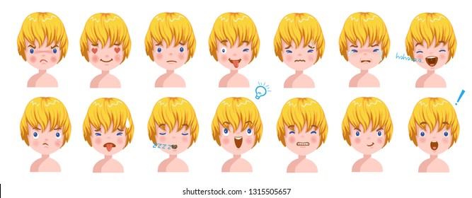 Blond boy facial emotions set. Child face with different expressions.  Variety of emotions children. Male heads show a variety of moods and differences. Schoolboy portrait avatars. Isolated vector.