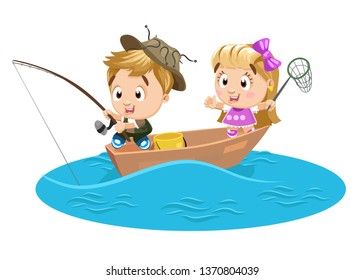 Blond boy and girl catch fish with rod and push net. Brother and sister spending summertime at boat on river or lake. Kid`s hobby, pastime at weekend concept, Vector cartoon isolated on white.