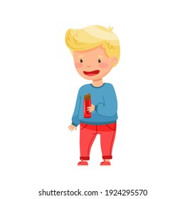 Blond Boy Holding Bar of Chocolate Vector Illustration