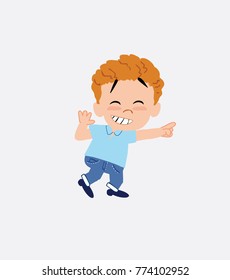 Blond boy in jeans pointing to something funny on his left.