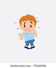 Blond boy in jeans, scared. 
