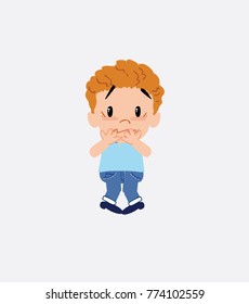 Blond boy in jeans shrugged in fear.
