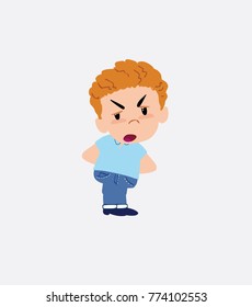 Blond boy in jeans is slightly angry.
