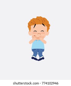 Blond boy in jeans trying to contain the laughter.
