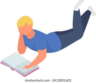Blond boy lying on stomach reading an open book, enjoying literature. Education, leisure activity, and young reader concept vector illustration.