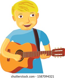 Blond boy playing the guitar and singing vector