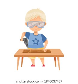 Blond Boy in Protective Goggles Standing at Table Woodworking Drilling Timber Plank Vector Illustration