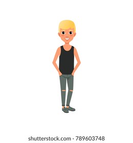 Blond boy in shirt and ripped jeans. Cartoon kid character with happy face expression posing with hands in pockets. Trendy teenage fashion outfit. Flat vector design