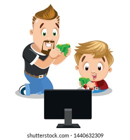 Blond boy sitting on floor and having competition in video games on computer with father or elder brother. Evening recreation, pastime, hobby concept. Vector cartoon clipart isolated on white.
