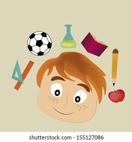 a blond boy with some stuff related to school