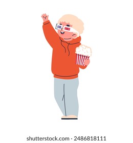 Blond boy wearing 3D glasses stands and holds popcorn, happily waving to someone in a movie theater. Spending time together at the cinema. Good mood. Vector illustration isolated on white background.