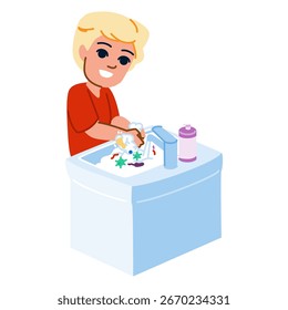 Blond boy wearing a red t shirt is carefully washing his hands with soap and water in a sink, effectively removing germs and bacteria, promoting hygiene and preventing diseases