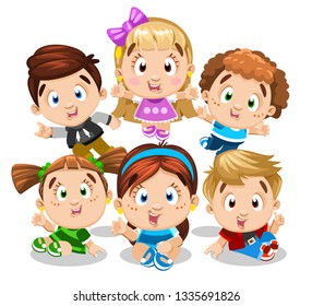 Blond. brunette, redheaded boys and girls in colorful shirts and dresses dancing, jumping up, skipping, sitting, waving hands, showing thumb up. Cartoon set of funny children isolated on white.