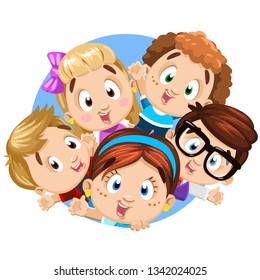 Blond, brunette, redheaded boys and girls waving hands, peeping out round blue frame, circle. Cartoon template, design isolated on white for children`s, baby`s products, food, cover, clothes, toys.