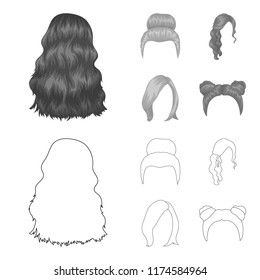 Blond with a bunch, red wavy and other types of hair. Back hair set collection icons in outline,monochrome style vector symbol stock illustration web.