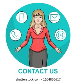 Blond business woman character with infographic contact us and icons of smart phone, email, website, call phone. Business vector illustration. Call center, support service call to action