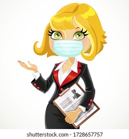 Blond business woman in face mask explains something or gives a presentation