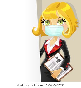 Blond business woman in face mask with white banner for your text