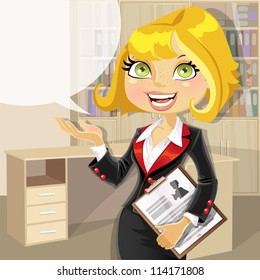 Blond business woman in office with speech bubble