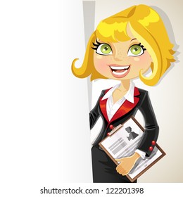 Blond business woman with white banner for your text
