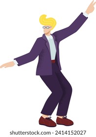 Blond businessman dancing excitedly in a stylish suit. Corporate celebration, office party, success concept vector illustration.