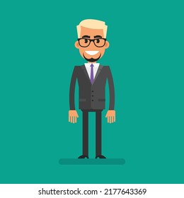 Empresario rubio parado y sonriente. Gente plana. Ilustración vectorial