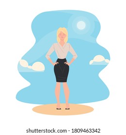 Blond businesswoman cartoon with sun and clouds design, business fashion and management theme Vector illustration