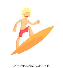 Blond cheerful kid drive on surfboard on the wave