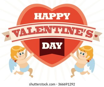 Blond cherubs hold a big pink heart with ribbons for Valentine's Day celebrations.
