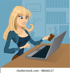 Blond with coffee and computer