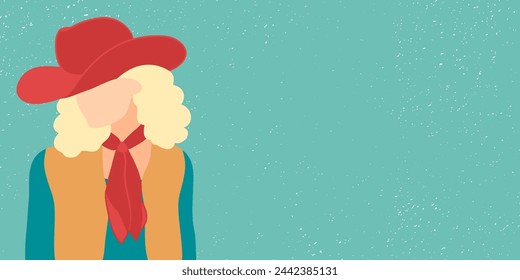 Blond cowgirl faceless portrait against retro blue textured background