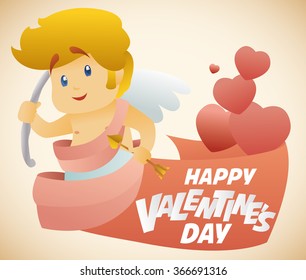 Blond Cupid with arrow and bow wrapped in a pink ribbon with greeting message and various hearts floating.