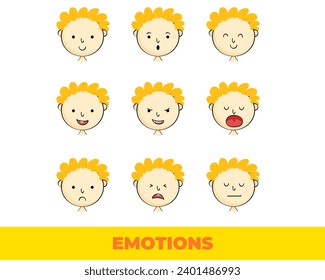 Blond curly boy face expression vector design . Cartoon character emotion illustration isolated on white background. cartoon Boy avatar.