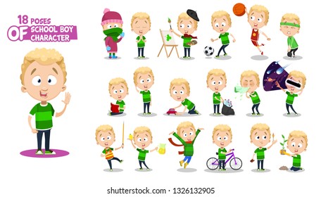 Blond curly schoolboy in green t-shirt. Full length front and three quarter view. Guy in different poses and situations: paints, does sport, cleans, plays. Ready to use cartoon set isolated on white