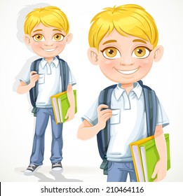 Blond cute boy with textbook isolated on a white background