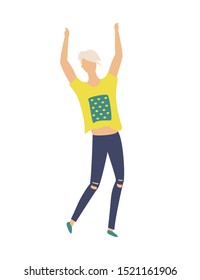 Blond dancing young man in yellow t-shirt and modern jeans isolated cartoon character. Vector fashionable teenage dancer entertain on disco party, flat style