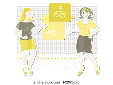 blond and dark hair young beautiful caucasian type women little talk about diet on yellow talk bubbles and gray dots cartoon illustration on white background