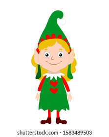 Blond elf girl in a green dress stands straight and smiles. Christmas vector character in cartoon style for a festive design of sites, social networks on a white background.