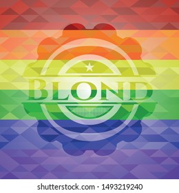 Blond emblem on mosaic background with the colors of the LGBT flag