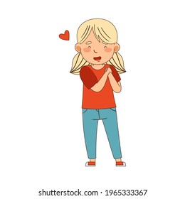 Blond Emoji Girl with Ponytails Holding Her Hands Feeling Love Vector Illustration