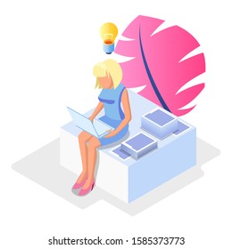 Blond faceless woman sitting with laptop among papers, documents and solving problems, deciding issues, preparing report. Brainwork, workaholism, deadline concept. Vector isometric illustration.