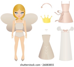 Blond Fairy Princess Paper Doll In Her Undergarments, With A Crown, Dresses And Accessories