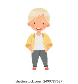 Blond Fashionable Boy Standing in Trendy Shirt and Trousers Vector Illustration