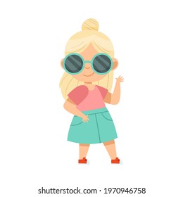 Blond Fashionable Girl Standing in Trendy Flared Skirt and Sunglasses Waving Hand Vector Illustration