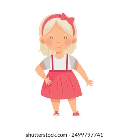 Blond Fashionable Girl Standing in Trendy Pinafore Skirt Vector Illustration