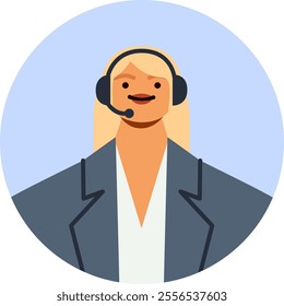 Blond female call center agent wearing a headset and smiling, providing friendly customer service. Avatar icon set in a circle, featuring a flat vector illustration design