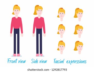 Blond female character set ready for animation: separated arms/legs/body, 2 poses, facial expressions.