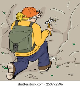 Blond female geologist with backpack using chisel